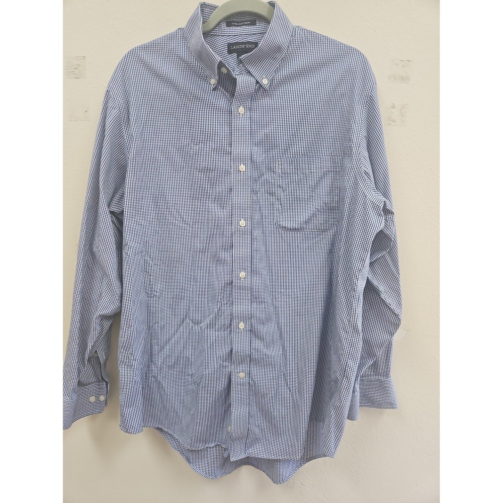 Lands End Men's Blue Gingham Plaid Long Sleeve Button Down Shirt SZ 16 1/2 -34